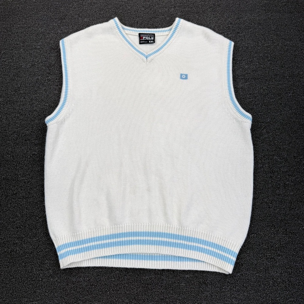 South Pole Mens XXL White Blue Sweater Vest Y2K Knit Sleeveless Pullover